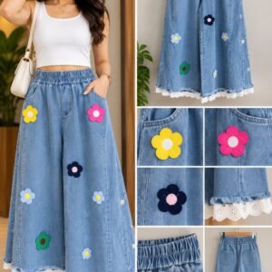 Denim Wide-Leg Culottes with Colorful Flower Patches and Lace Trim
