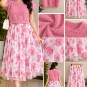 Pink Fuzzy Knit Top with Pink Floral Chiffon Midi Skirt