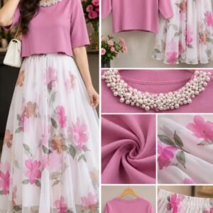 Pink Pearl-Embellished Top with Floral Chiffon Maxi Skirt