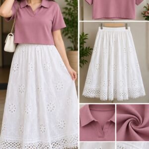 Mauve Collared Crop Top with White Eyelet Lace Midi Skirt