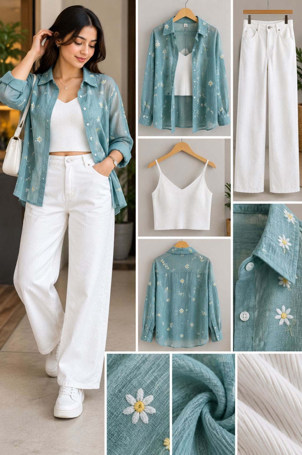 Teal Daisy Print Sheer Shirt with White Cami and White Wide-Leg Jeans