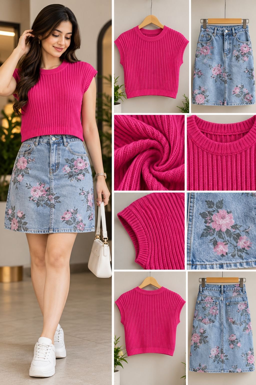 Pink Ribbed Knit Top with Floral Print Denim Skirt