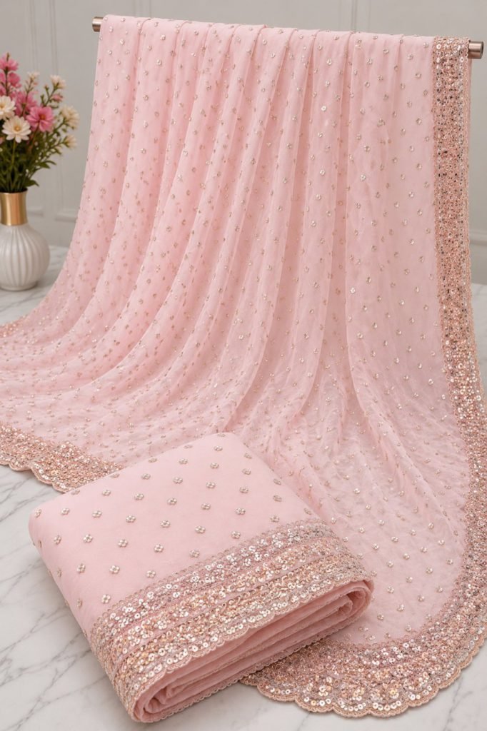 Pastel Baby Pink Georgette Saree with Gold Sequin Embellishment and Scalloped Border