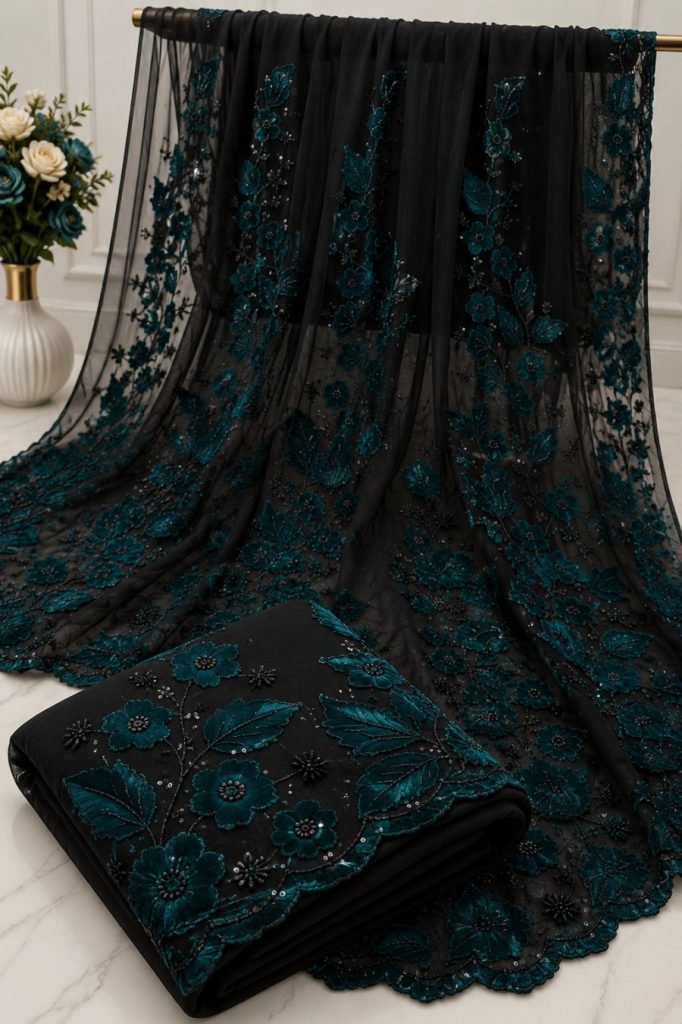 Black Net Saree with Teal Floral Sequin Embroidery and Scalloped Border