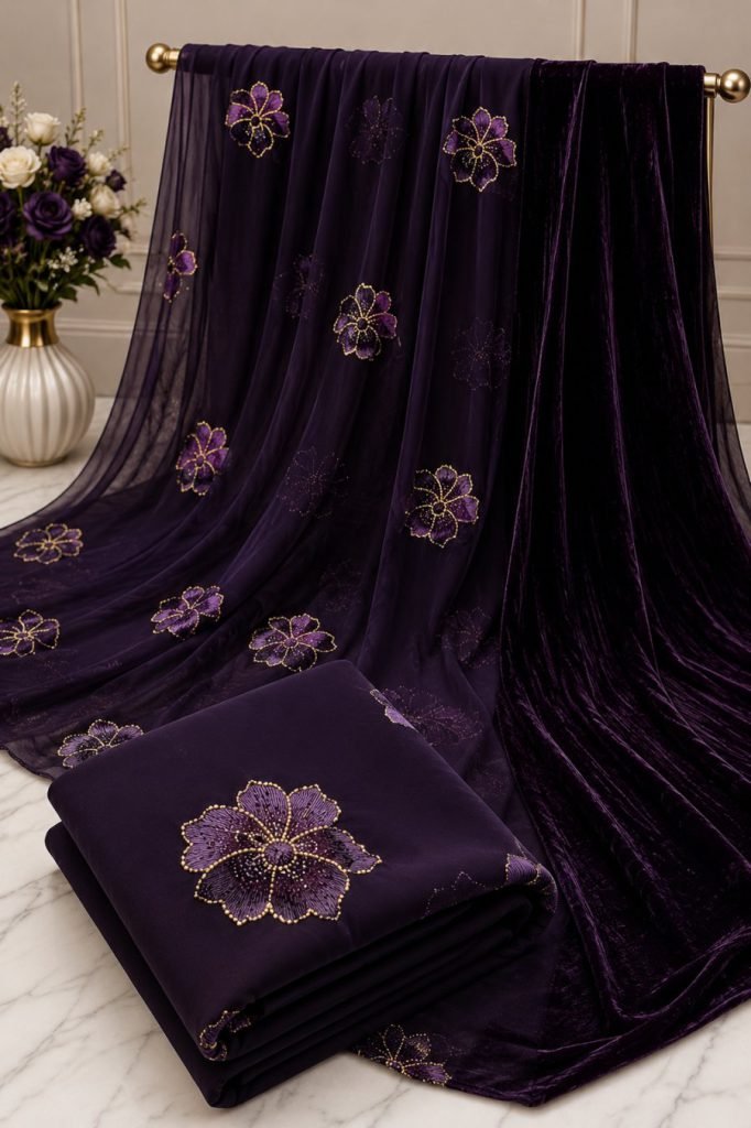 Luxurious Aubergine Saree with Velvet Trim & Gold Floral Embellishments