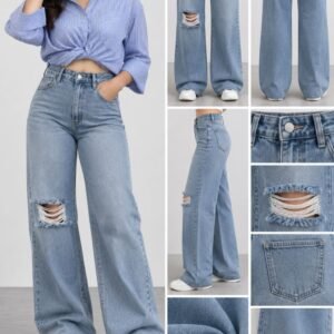 Distressed Ripped-Knee Light Blue High-Waist Wide-Leg Jeans
