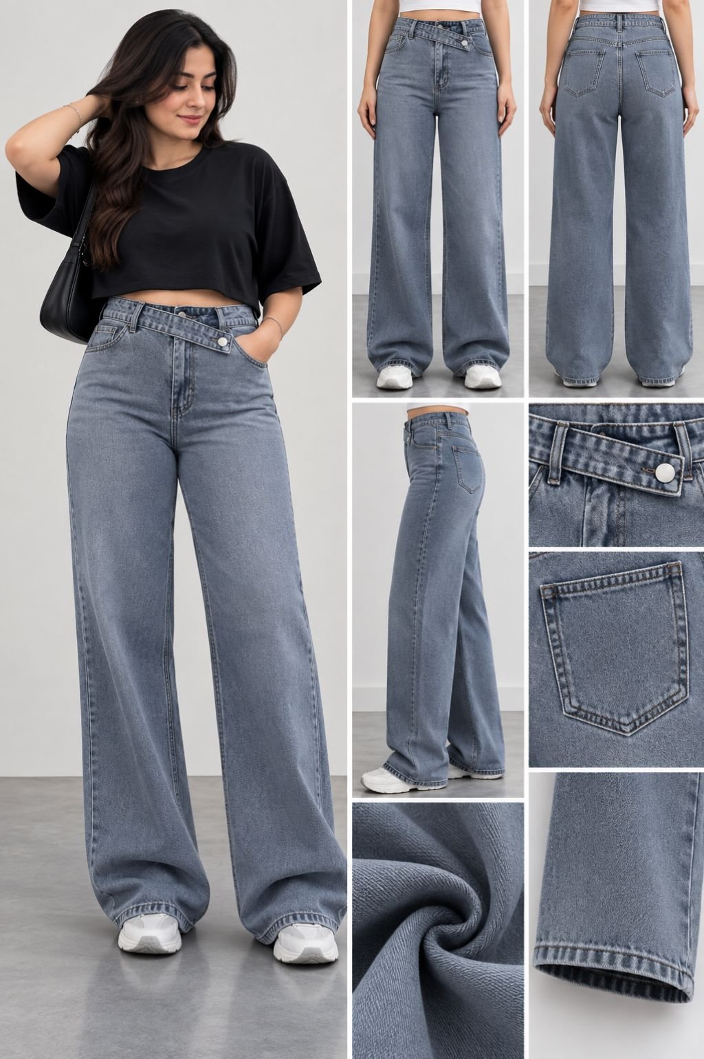 Blue Asymmetric Cross-Waist High-Waist Wide-Leg Jeans