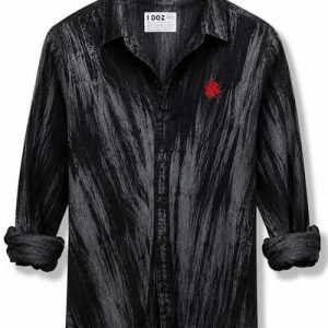 Men's Black Washed Denim Shirt with Red Star Design