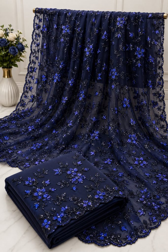 Elegant Navy Blue Net Saree with Sapphire Floral Sequin Embroidery