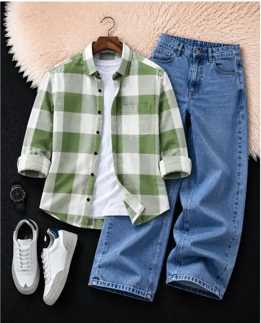 Men's Forest Green Check Shirt & Classic Blue Wide-Fit Denim Jeans Set