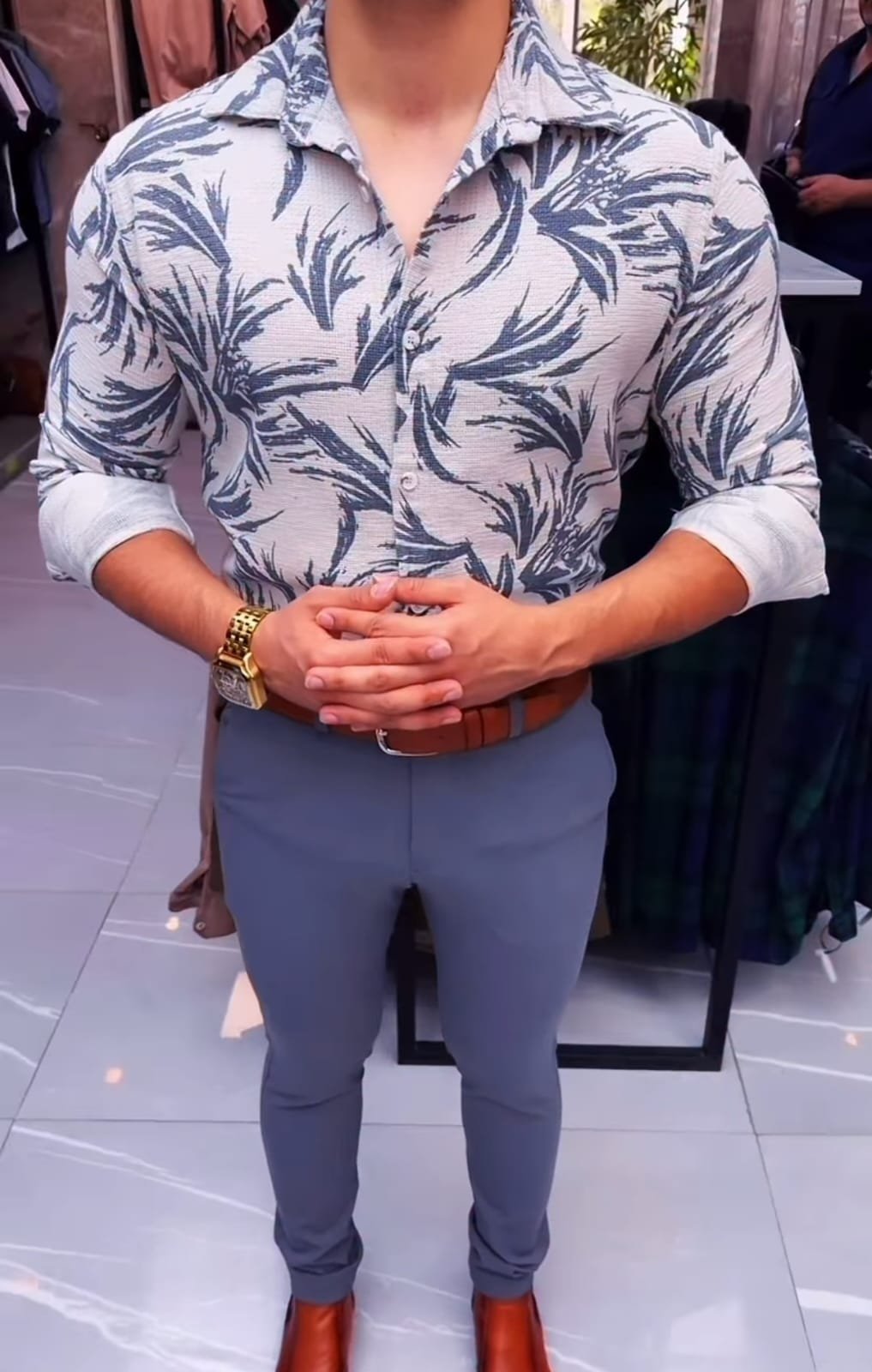 Bold Red Tropical Leaf Textured Shirt