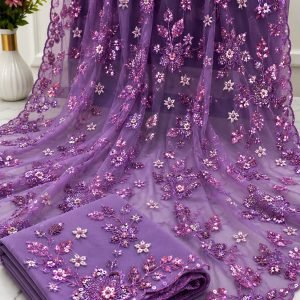 Violet Net Saree featuring Intricate Floral Sequin Embellishments