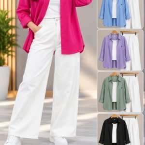 Ladies Pink Shirt with White Pants Co-ord Set