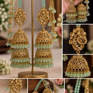 Mint Green Jhumka Earrings with Maang Tikka Set