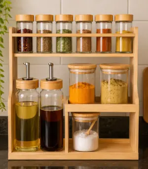 Eco-Friendly Bamboo Kitchen Storage System with Glass Spice Containers & Oil Bottle Dispenser