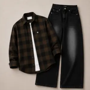 Brown Plaid Overshirt & Black Distressed Wide-Leg Denim Set - Premium Casual Combo