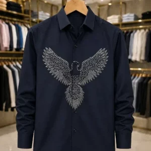 Men's Navy Blue Eagle Embroidered Full Sleeve Casual Shirt – Premium Quality