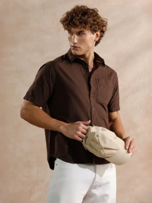 Men's Coffee Brown Solid Casual Short Sleeve Shirt