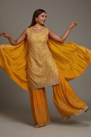 Golden Yellow Semi Crepe Sharara with Intricate Gotapatti Embellishment