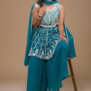 Aquamarine Hand-Embroidered Georgette Sharara Suit - Ready-to-Wear