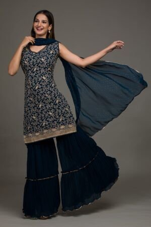 Peacock Blue Embroidered Georgette Salwar Suit - Traditional Indian Ethnic Wear