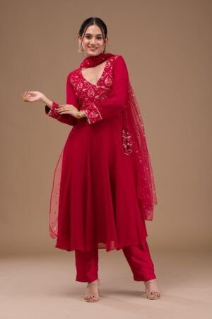 Maroon Zariwork Georgette Pre-Stitched Salwar Suit