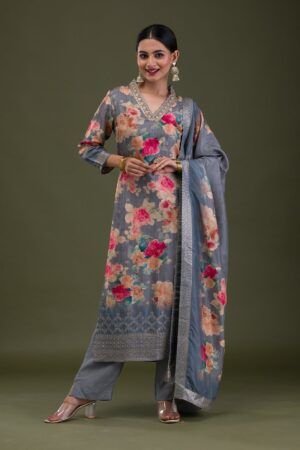 Charcoal Semi Crepe Printed Readymade Salwar Suit