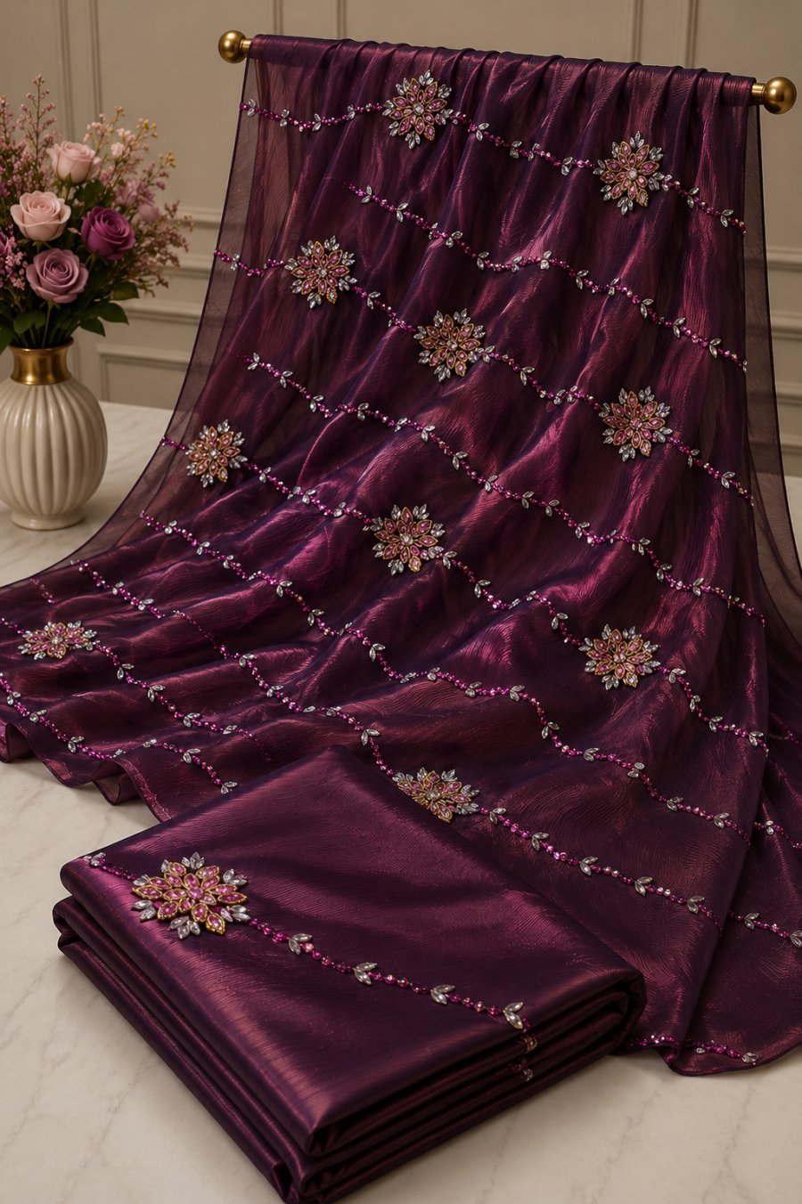 Wine Purple Organza Saree with Rhinestone Floral Motifs